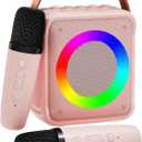 Mini Karaoke Machine for Kids Adults, Portable Bluetooth Speaker with 2 Wireless Microphones, Microphone Speaker Set with LED Disco Lights for Home Party, Birthday Gifts for Girls Boys Kid(Pink)