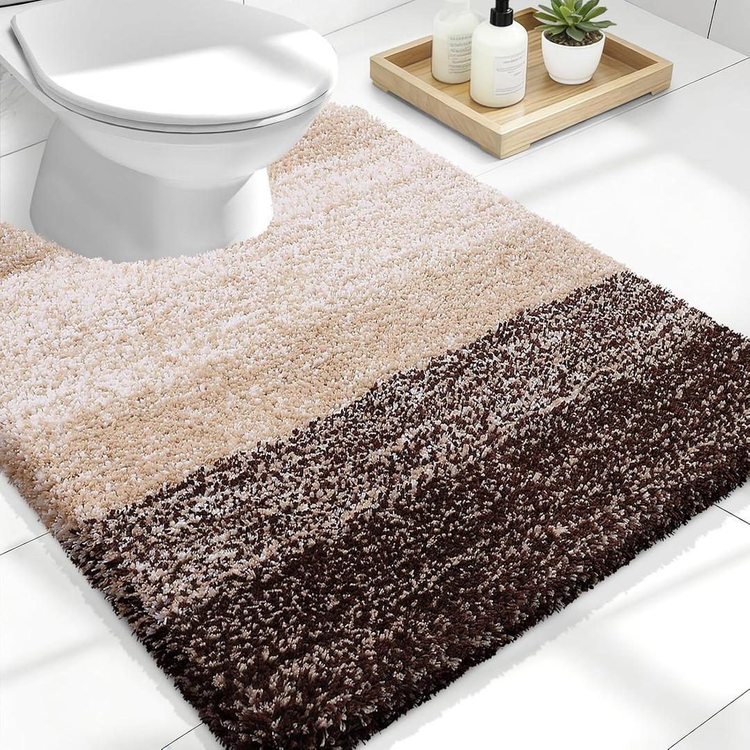 OLANLY Luxury Toilet Rugs U-Shaped 24x20, Extra Soft and Absorbent Microfiber Bathroom Rugs, Non-Slip Plush Shaggy Bath Mat, Machine Wash Dry, Contour Bathroom Mats for Toilet Base, Brown