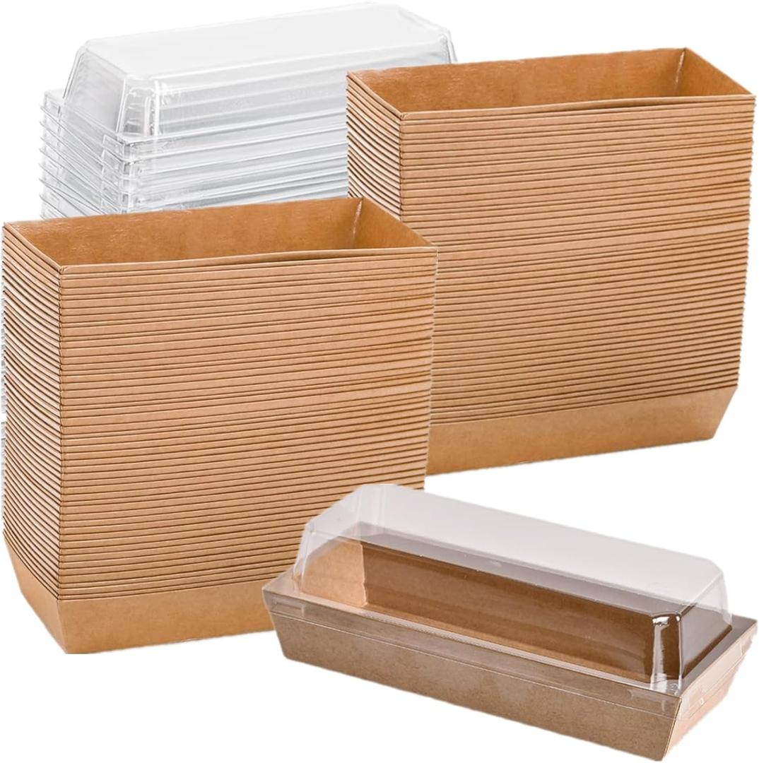 100 Pack To Go Dessert Boxes with Clear Lids, Paper Charcuterie Boxes Swiss Roll Cake Containers, Rectangle Sandwich Boxes for Sushi, Muffins, Treat, Waffle, Cookie, Food Truck Business