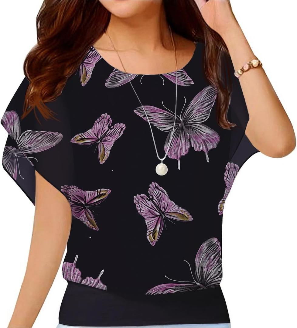 Neineiwu Women's Summer Loose Casual Short Sleeve Chiffon Top Blouses, S