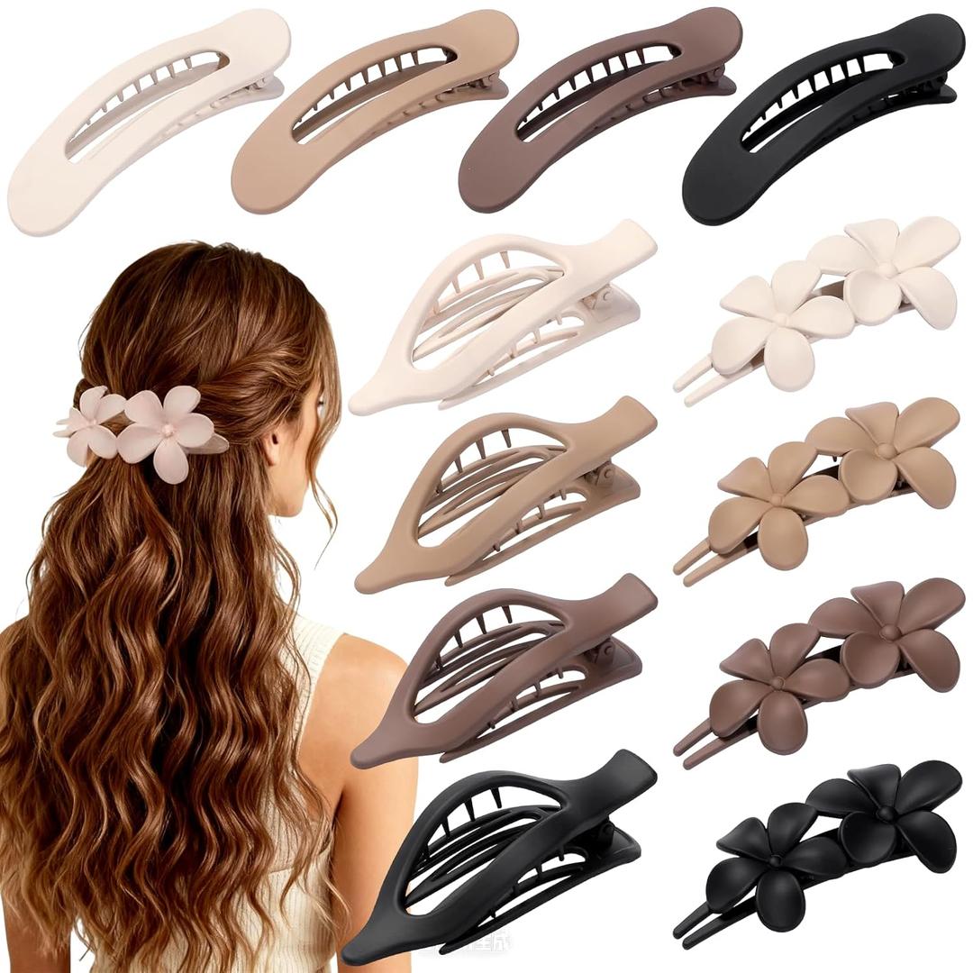 12 PCS Flat Hair Clips - 3 Styles Matte Flat Claw Clips Set Duckbill Barrettes for Women, No-Slip Strong Hold for Thin and Thick Hair, Hair Accessories for Girls Gift (Brown)
