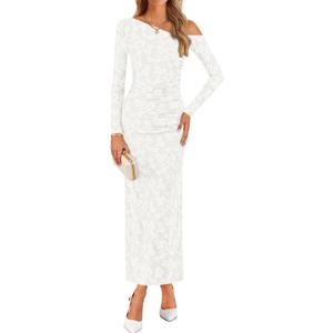 ZESICA Women's Spring Floral Off Shoulder Bodycon Maxi Dresses 2026 Long Sleeve Ruched Elegant Cocktail Party Dress, Small