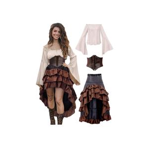 Verceco Pirate Costume Women Outfit with Renaissance Pirate Shirt Skirt Corset Waist Belt Women's Halloween Pirate Costumes (Beige+Brown, L)