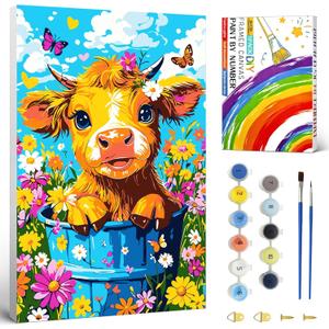 2 x Yunnuo Highland Cow Paint by Numbers Kit for Adults with Frame,Flowers Painting by Numbers for Beginners in Colorful Box,8W x 12L Canvas Small Paint by Number Kits for Home Wall Decor