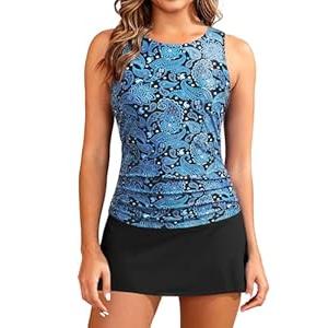 Daci Womens Blue Paisley Tankini Swimsuits with Skirt - Two Piece Tummy Control Bathing Suits High Neck Swimwear L