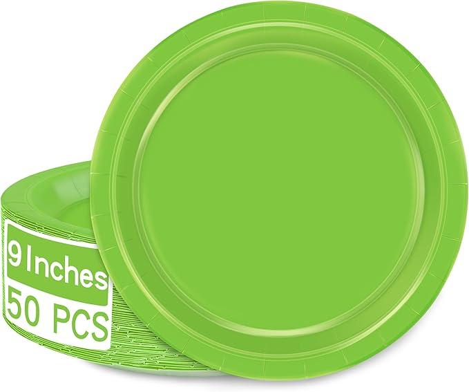 QZYL 50 PCS Disposable Paper Plates, 9 Inches Dinner Paper Plates Set, Green Heavy Duty Tableware, Round Dinnerware for Daily Use Picnic Anniversary Birthday St Patricks Day Party Supplies