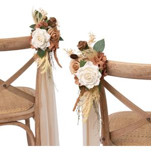 Ling's moment 8 Wedding Artificial Aisle Pew Flowers Chair Decorations Arrangements with Chiffon Ribbons Beige & Brown for Ceremony Reception Chair Back Floral Decor Reception Church Party Outdoor