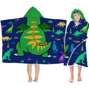 Dinosaur Hooded Beach Towel for Boys, Soft & Absorbent T-Rex Dinosaur Poncho Towel, 30x50 Green Blue Bathrobe for Kids Cool Cartoon, Quick Dry Swim, Pool, and Bath Time