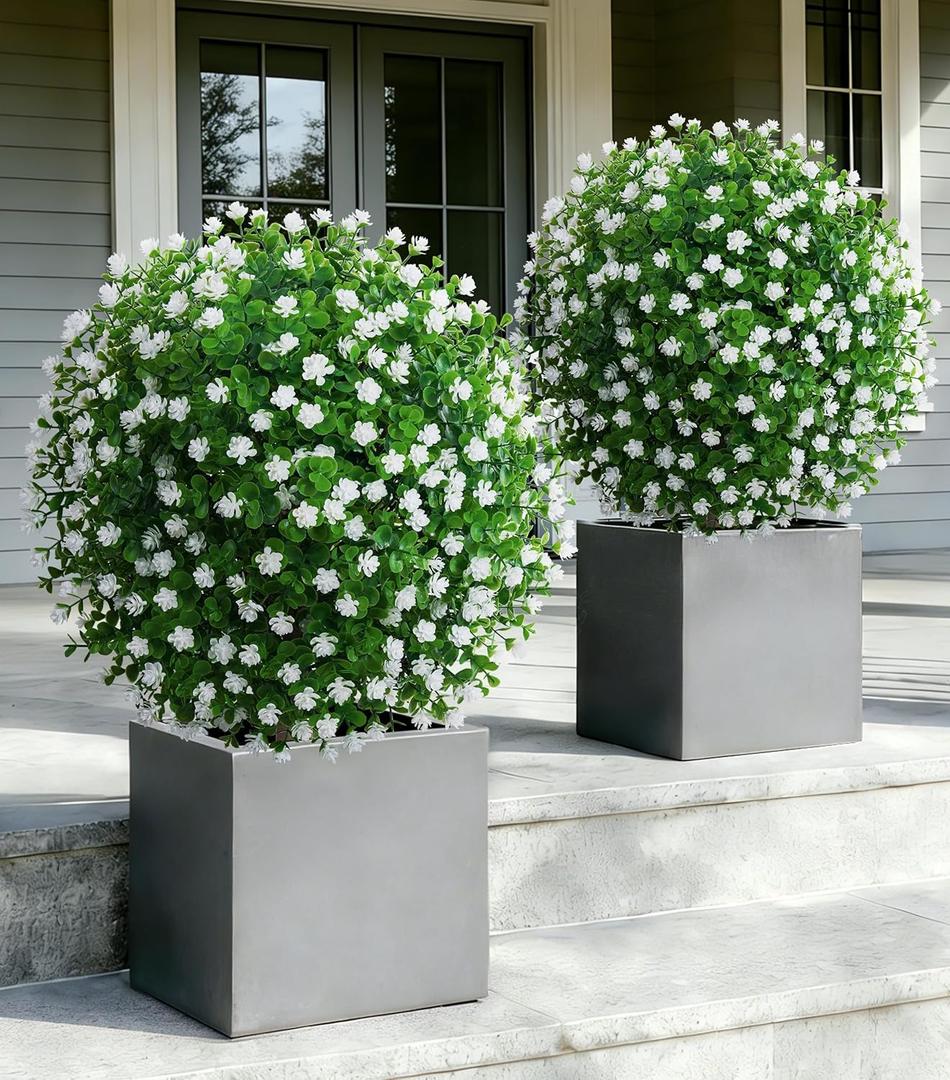 Artificial Lotus Topiary Ball Trees for Outdoor Set of 2 Fake Plant Bushes with Ground Spike UV Resistant Faux Shrubs for for Garden Front Porch, White