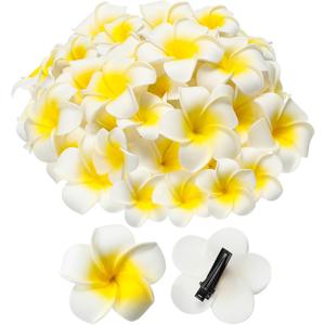 Crowye 100 Pcs White Foam Hawaiian Plumeria Flower Clips Bulk 3 Sizes Artificial Frangipani Petals Cap Wreath Floral DIY Craft for Home Luau Party Decorations Beach Wedding Guests