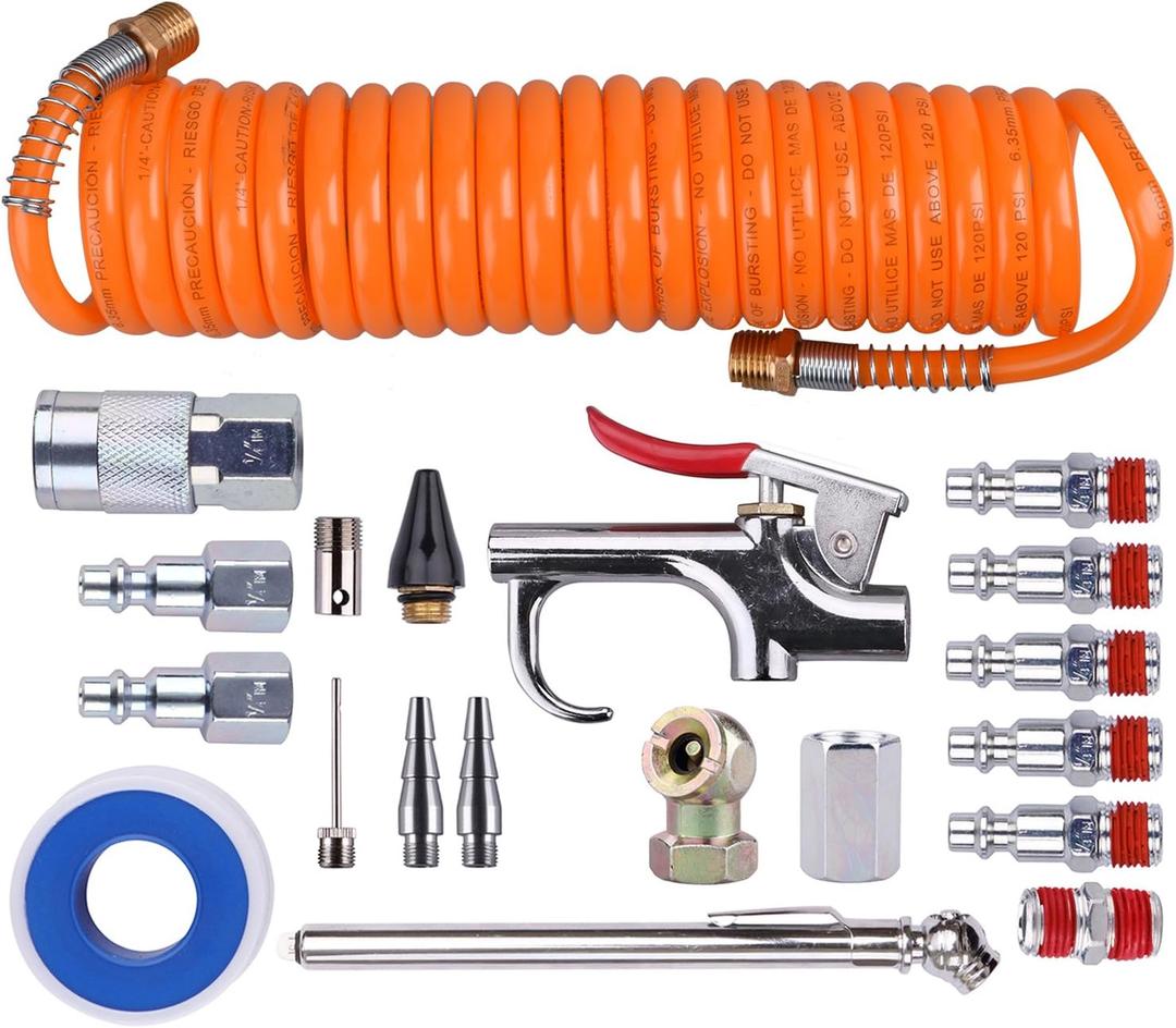 WYNNsky 1/4 Inch NPT Air Accessory Kit - 20 Piece, Air Compressor Hose Tool Kit with Coil PU Hose/Blow Gun/Tire Gauge/Storage Case