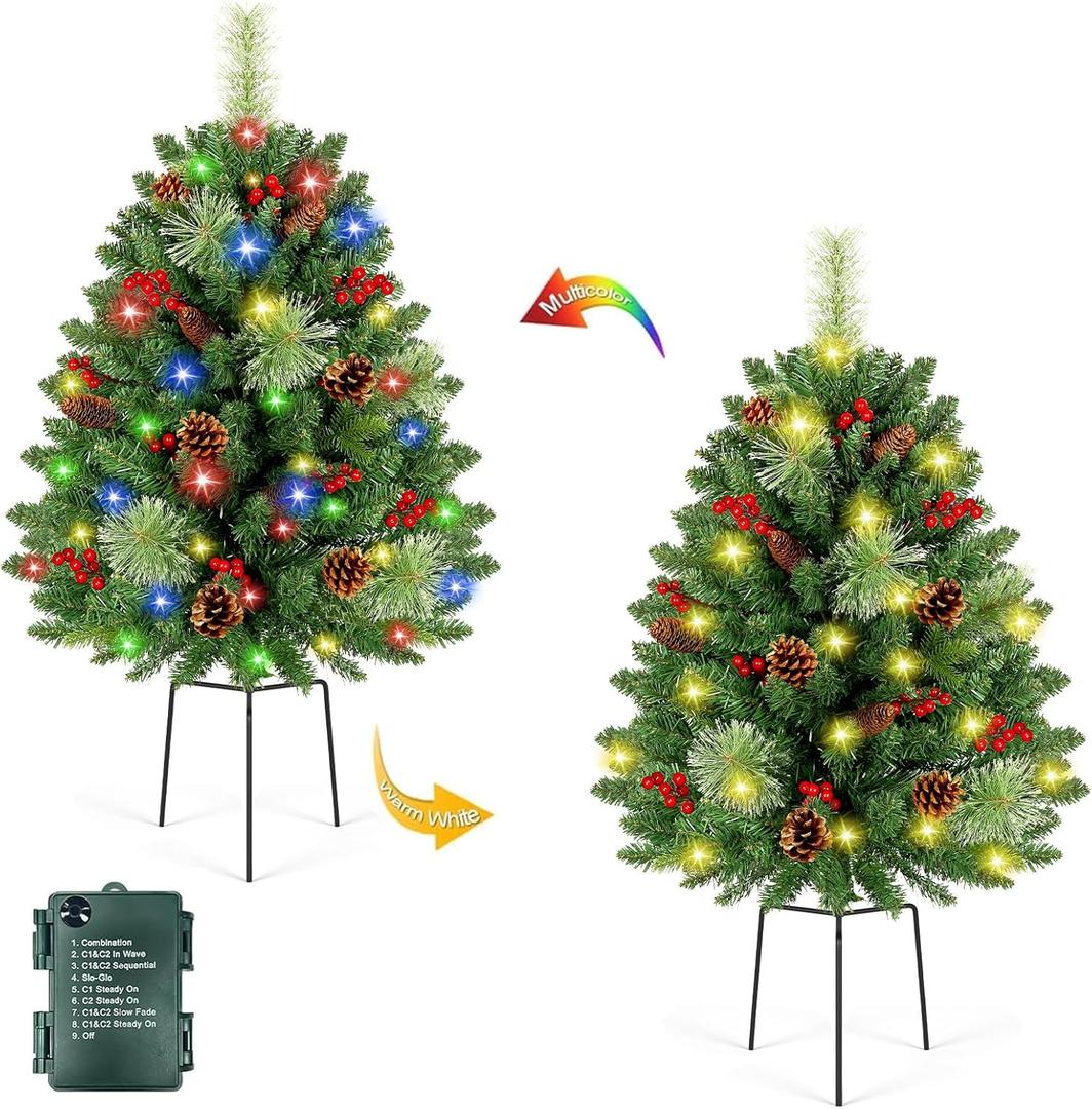 [2 Pack & Timer] 33 Inch Christmas Tree Urn Fillers with 50 Warm & Colorful Change Lights Pinecones Red Berries Tripod Stake Battery Operated 8 Mode for Porch Outdoor Xmas Trees Christmas Decorations