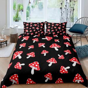Feelyou Cute Mushrooms Bedding Set Red Mushrooms Comforter Cover Set Wild Fungus Botanical Duvet Cover Set with 2 Pillowcases (Queen,Black)