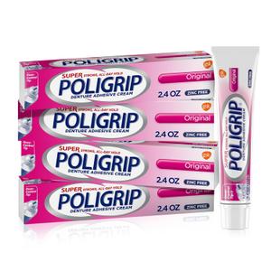 Super Poligrip Original Denture Adhesive Cream, Zinc Free Denture Cream for Dentures - 2.4 Ounces (Pack of 4) (2.4 Ounce (Pack of 4))