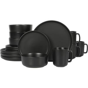 Gibson Home Zuma Stoneware Plates, Bowls, & Mugs Dinnerware Set - Matte Black, Service for Four (16pcs)