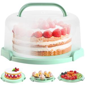 Ohuhu Cake Carrier with Lid and Handle, BPA-Free Cake Containers Cake Holder for 10 inch Cake with 2 Handles Cupcake Carrier - Plastic Cover Two Sided Base for Transport Pies Nuts Fruit Perfect Gifts (Green)