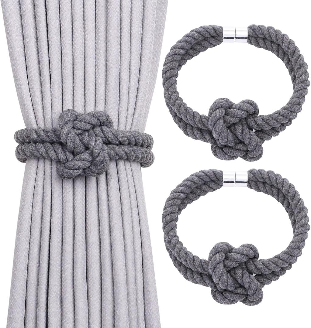 NICEEC 2 Pack Natural Cotton Rope Magnetic Curtain Tiebacks Elegant Knot Decor Drape Tie Backs Boho Style Soft Hand Weave Rope Curtain Holdbacks for Home & Office Window Drapery (Dark Grey)