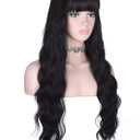 Long Wavy Black Wig with Bangs for Women Heat Resistant Synthetic Hair Wigs for Daily Use(Black)