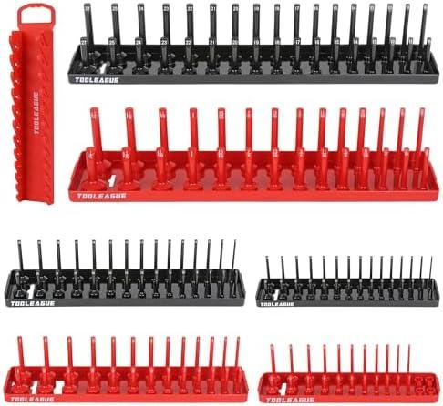 TOOLEAGUE 7Pcs Socket Organizer Tray and Magnetic Wrench Holder Set,Red SAE & Black Metric, 1/2", 1/4", 3/8" Socket Storage Trays for Tool Box Drawer
