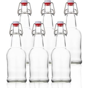 SureSave Beer Bottles with Easy Swing Cap | 16 Oz Clear Glass Bottle Set with Airtight Lid for Kombucha, Carbonated Drinks, Brewing, and Fermenting (6 Pack)