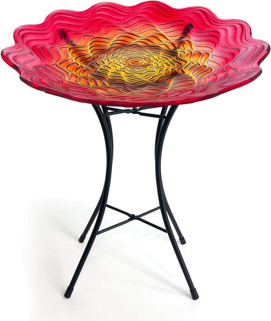 HONGLAND Bird Bath for Outside-Bird Baths for Outdoors-Glass Large Birdbaths Bowl with Metal Stand for Garden Patio Lawn Decor (Red Flower)