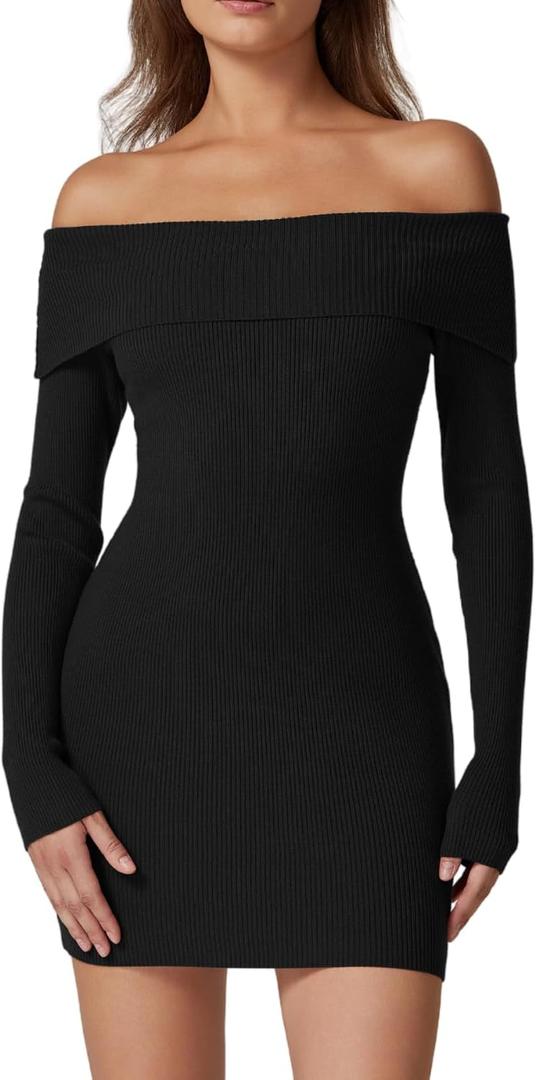 QINSEN Womens Off The Shoulder Sweater Dress Long Sleeve Ribbed Knit Bodycon Y2k Mini Dress Black XS