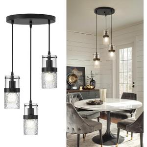 LMS Black 3-Light Pendant Fixtures, Adjustable Kitchen Hanging Light Fixture, Cluster Pendant Lights, LMS-188 (3.5" Hammered Glass, 3-Light, Black -Hammered Glass)