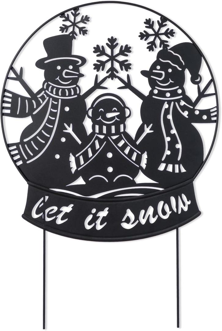 Glitzhome Christmas Metal Silhouette Snowman Family Waterglobe Yard Stake, 30 Inch Outdoor & Wall Decor with Lighted Scene, Holiday Lawn Art for Festive Home Decorations