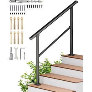 Handrails for Outdoor Steps, 4 Step HandRail Fit 3 or 4 Steps Outdoor Stair Railing, Deck Handrail, Black Wrought Iron Hand Rails kit for Concrete, Metal Porch Railing, Porch Steps, Upgrade