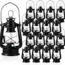 Hortsun 2 Pcs Black Vintage LED Camping Lanterns Warm LEDs and Dimmer Switch Battery Operated Metal Hurricane Farmers Hanging Lantern for Indoor Outdoor Usage Decor (8 Inch)