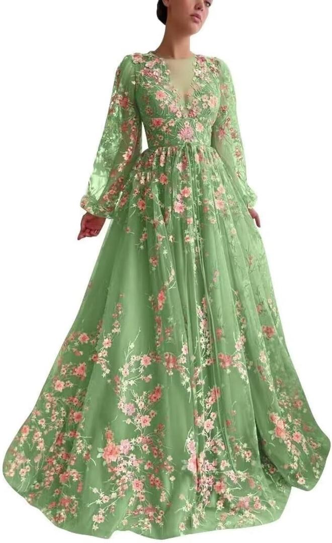 Jamille Floral Evening Gowns Prom Dresses for Women 2025 Long Tulle Tea Length Formal Evening Gown A Line Ball Gowns with Pocket Puffy Sleeve Lace Tulle A Line Fairy Dress B Sage Green 8 JA0011, 8