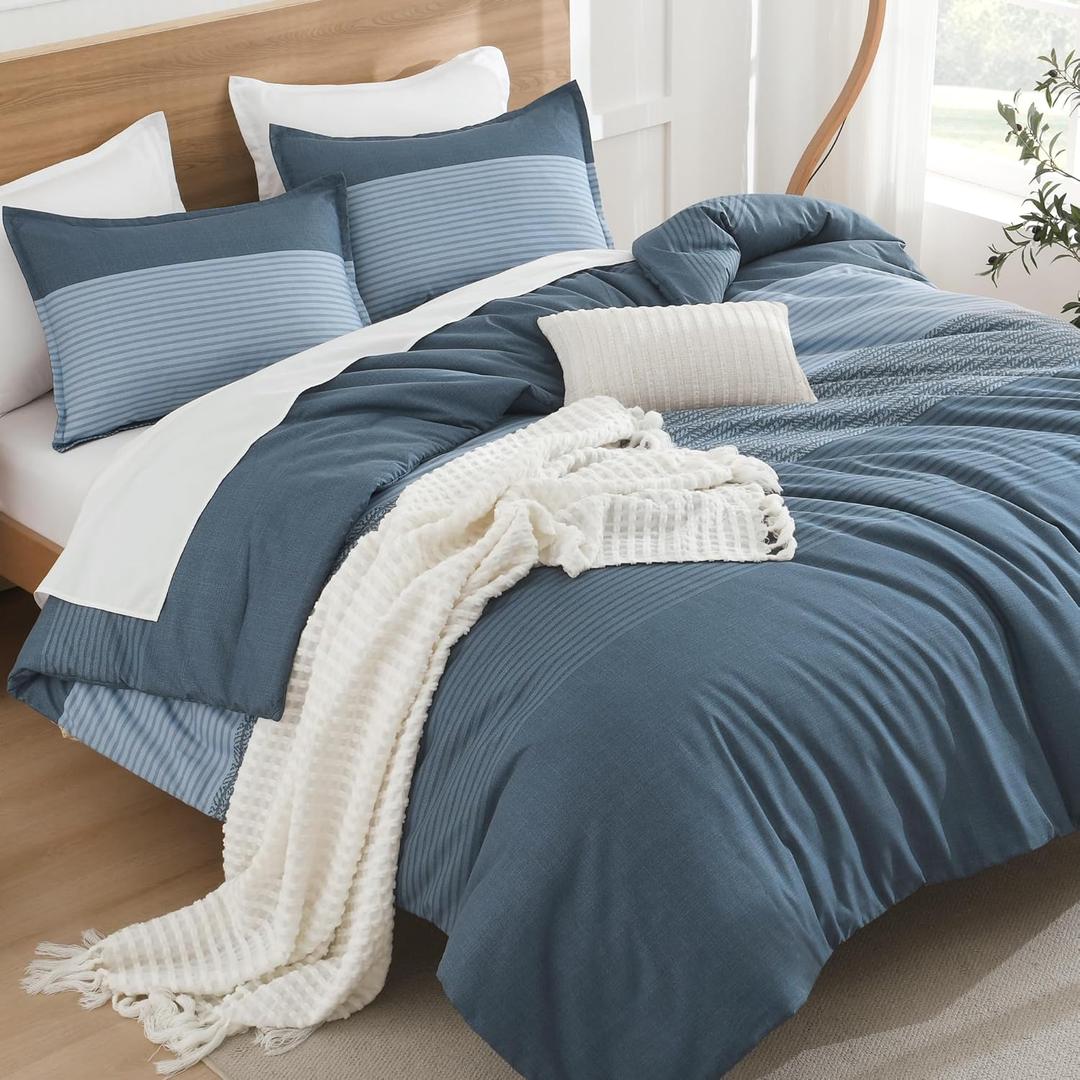 Litanika Haze Blue Comforter Set Oversized King - 3 Pieces Lightweight Dark Grey Colorblock Stripe Fluffy Bedding Comforter Sets, All Season Bed Set