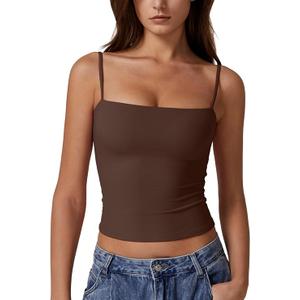 QINSEN Women's Double Lined Basic Tank Top Adjustable Spaghetti Straps Sleeveless Camisole Shirts, Color: Chestnut, Size XS