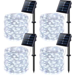 JMEXSUSS 4 Pack 100 LED Solar String Lights for Outside, 33ft White Solar Fairy Lights Outdoor Waterproof, 8 Modes Solar Christmas Lights for Garden Yard Tree Wedding Decorations