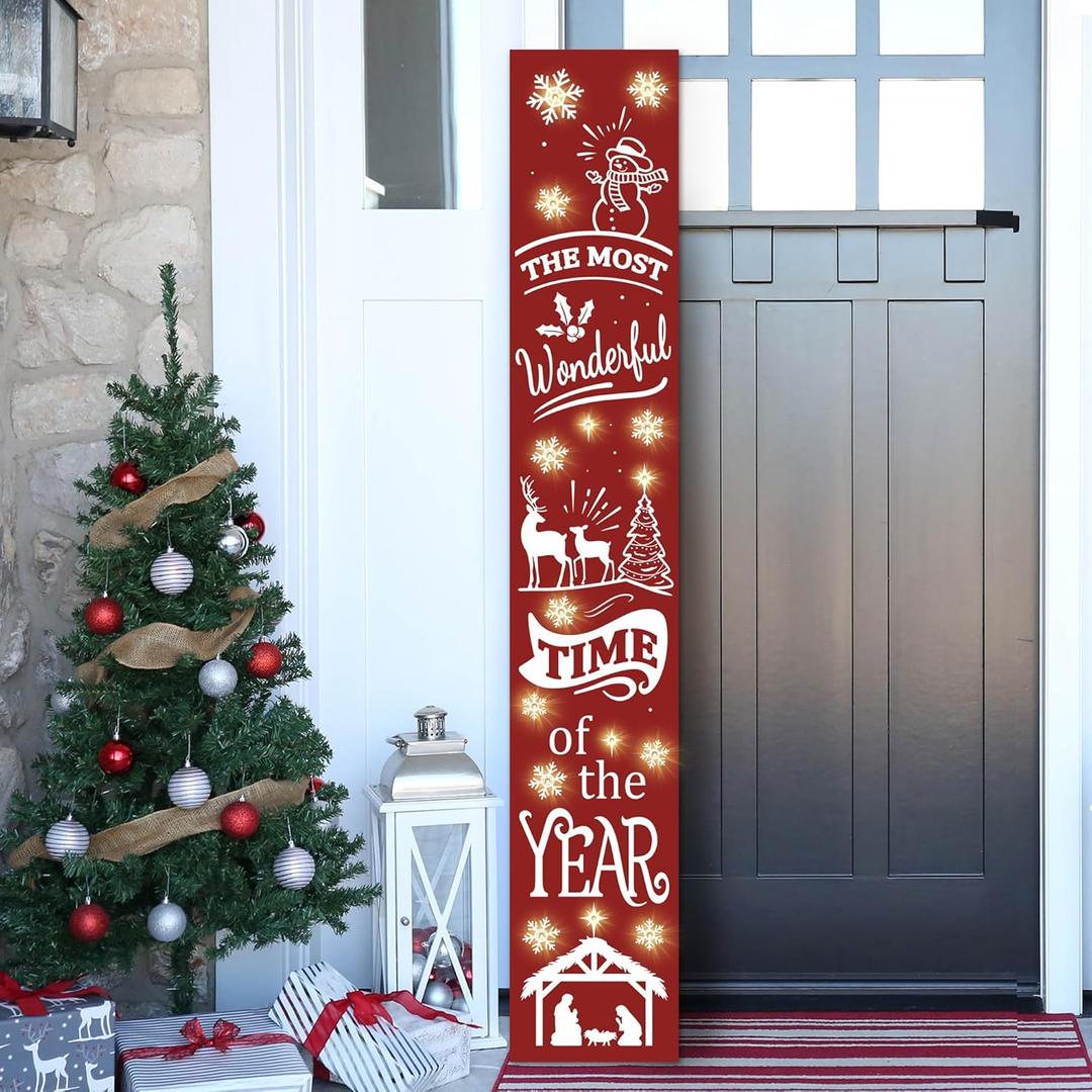 Lighted Wooden Welcome Sign, Merry Christmas Snowflake Elk Porch Sign for Front Door Decorations, Rustic Farmhouse Red Xmas Hanging Signs Wall Sign for Christmas Happy New Year Decor 47.2"H