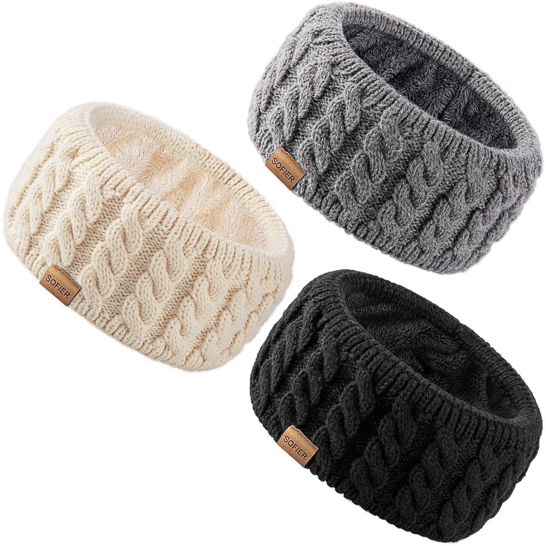 Sofier Winter Headbands for Women 3 Packs Knit Ear Warmers Soft Fuzzy Fleece Lined Cold Weather Ear Muffs Christmas Stocking Stuffers Gifts (Black+Grey+Beige)
