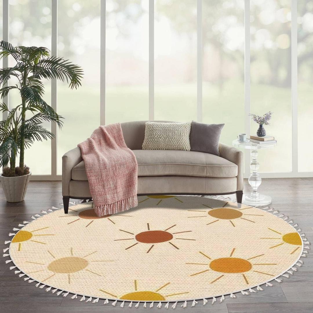 Round Boho Rug Sun only Seamless Sunny dots Summer Baby Print Earthy Warm Trendy Area Linen Carpet Patio Hallway Runner Mat Pad Minimalist Home Decor for Living Room Outdoor, Multi1, 6 ft