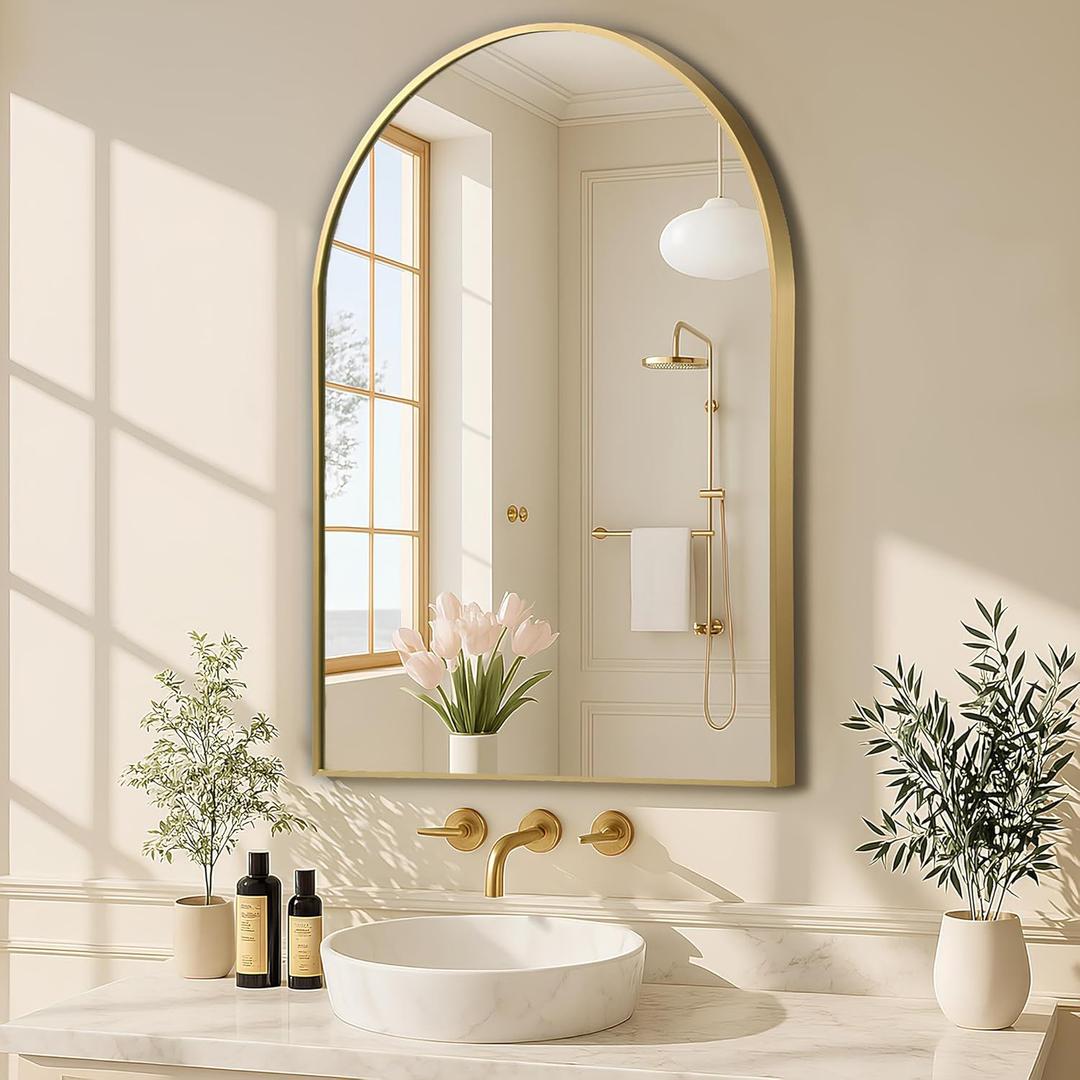MZON 16 * 24 Inch Arched Gold Mirror, Arched Bathroom Mirror, Arch Mirrors for Wall, Vanity, Entryway&Livingroom, Metal Frame&Tempered Glass, Anti-Rust, Modern Home Decor