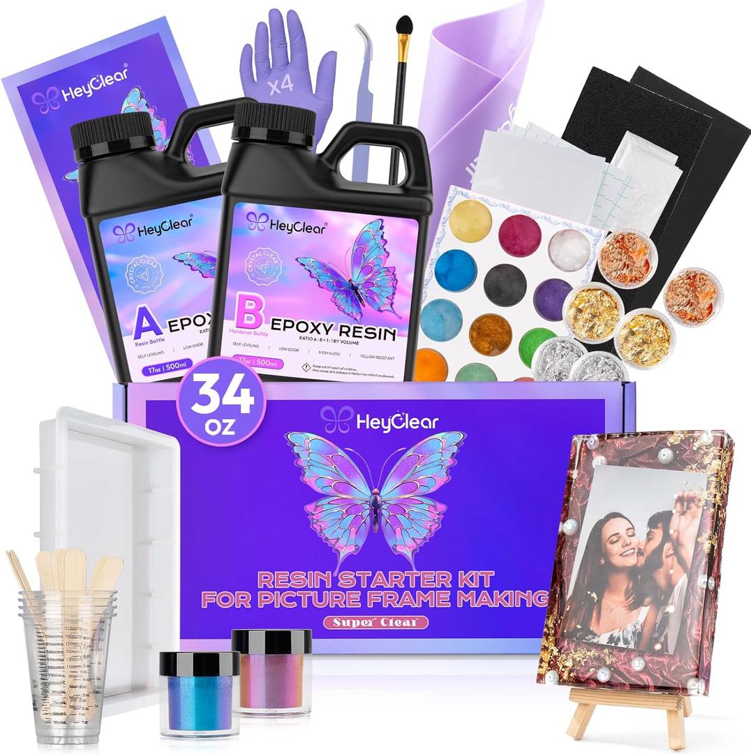 HeyClear Epoxy Resin Picture Frame Silicone Mold Kit -34 oz Super Clear and Hard Resina Complete Craft Accessories and Supplies Set for Casting Art, DIY Photo Gifts