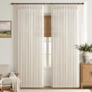Birch Thick Linen 50 Inch Wide Viral Curtains 90 Inches Long for Sliding Glass Doors 2 Panels Set, Memory Shape Pinch Pleated Farmhouse Semi Sheer Light Filtering Dining Room Cream Ivory Window Drapes