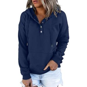 Dokotoo Womens 2025 Hoodies Button Collar Drawstring Hooded Pullover Sweatshirt Casual Long Sleeve Tops Shirts (Large, Blue)