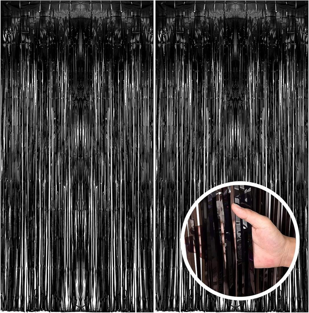 2 Pack Black Party Streamers Backdrop Tinsel Foil Fringe Curtains Halloween Party Decorations Birthday Wednesday Twilight Party Decorations Graduation Wizard Party Supplies (39.4"w X 78.7"l (Pack of 2))