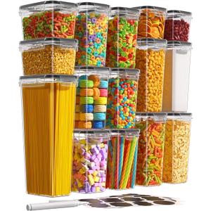 15 Pack Airtight Food Storage Containers with Lids, Kitchen Pantry Organizers and Storage, BPA-Free Plastic Food Canisters for Cereal, Flour, Sugar, Pasta, Dry Food, Include Labels & Marker
