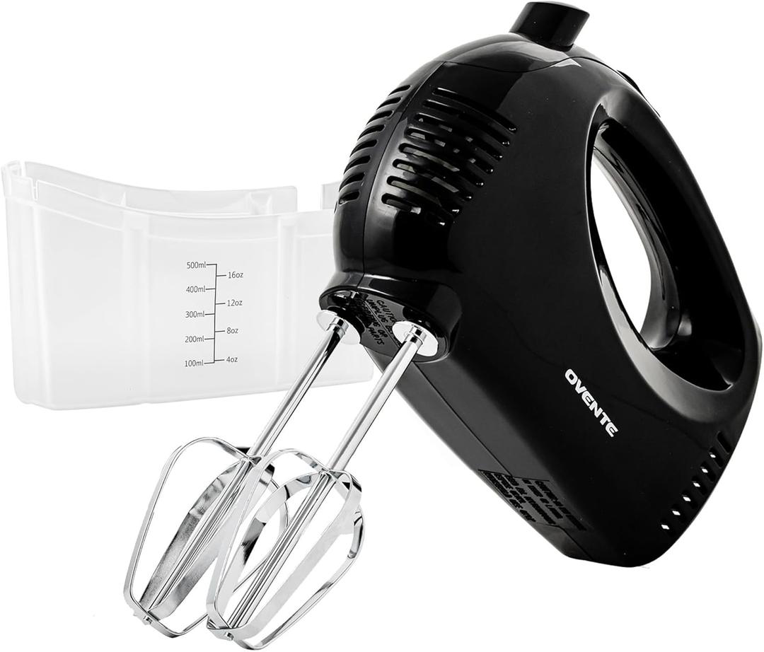 OVENTE 5-Speed Corded Electric Hand Mixer with Stainless Steel Whisks, Compact Portable Design with Snap-On Storage Case,150W Lightweight Handheld Mixer for Baking & Cooking, Black HM151B