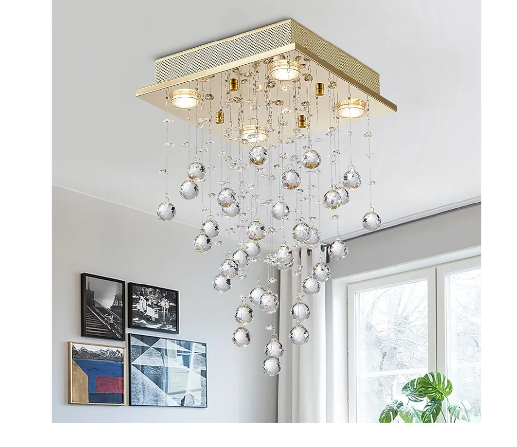 Bestier Gold Modern Crystal Square Raindrop Chandelier Lighting Flush Mount LED Ceiling Light Fixture Pendant Lamp for Dining Room Bathroom Bedroom Livingroom 4 GU10 Bulbs Required 12" Wide 20" High