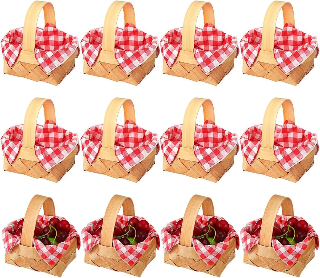 Geelin 12 Pcs Mini Woven Basket with Handle and Red White Gingham Paper Napkins Wood Chip Mini Flower Fruit Picnic Basket Chip for Easter Spring Wedding Party Gift Decoration (Medium)