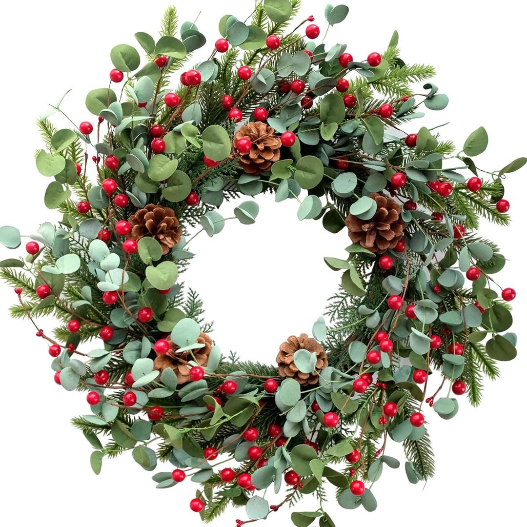 Idyllic Christmas Wreath for Front Door,20" Winter Wreath with Pine Cones Red Berries and Eucalyptus, Winter Decorations for Everyday Farmhouse Window Outdoor/Indoor (Red)