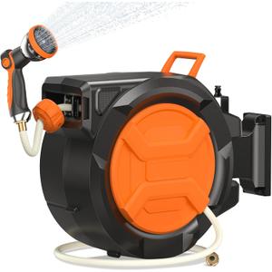 Retractable Garden Hose Reel 1/2" 100ft, 2-in-1 Wall Mount & Portable Auto Rewind Water Hose Reel with Any Length Lock & 180° Swivel, Heavy Duty Outdoor Hose Storage for Garden, Patio and Car Washing
