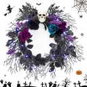 GarveeHome Halloween Wreath with Lights, 20 Inch Gothic Skull Wreath for Front Door Decor with 3 Color Roses, Spiders and Purple Berries for Indoor Outdoor Wall, Window, Porch