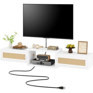 IBUYKE Modern Rattan Floating TV Stand with Doors, Wall Mounted TV Shelf for TVs up to 55 Inches, Media Console Entertainment Center for Under TV Storage Cabinet for Living Room Bedroom, White UWST012W